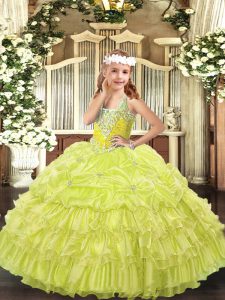 Unique Sleeveless Organza Floor Length Lace Up Little Girls Pageant Gowns in Yellow Green with Beading and Ruffled Layers and Pick Ups