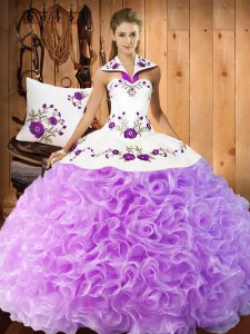 High Class Sleeveless Fabric With Rolling Flowers Floor Length Lace Up Quince Ball Gowns in Lilac with Embroidery