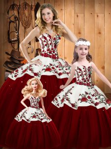 Sweetheart Sleeveless Lace Up Quinceanera Gowns Wine Red Tulle