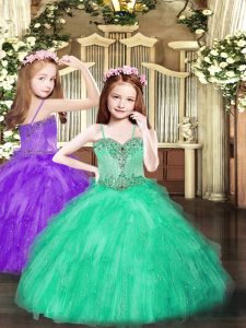 Stunning Turquoise Ball Gowns Beading and Ruffles Little Girl Pageant Dress Lace Up Tulle Sleeveless Floor Length