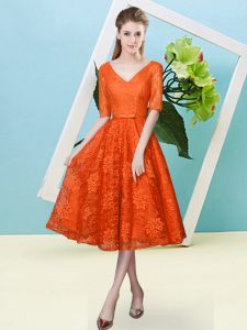 Custom Fit V-neck Half Sleeves Vestidos de Damas Tea Length Bowknot Orange Red Lace