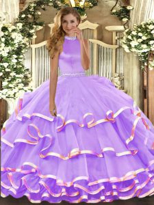 Lavender Sleeveless Floor Length Beading and Ruffled Layers Backless Vestidos de Quinceanera