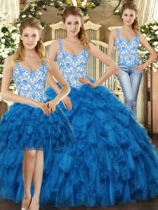Blue Sleeveless Floor Length Beading and Ruffles Lace Up Vestidos de Quinceanera