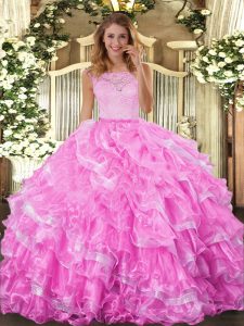 Floor Length Rose Pink 15th Birthday Dress Organza Sleeveless Lace and Ruffled Layers