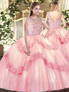 Best Baby Pink Bateau Zipper Beading and Appliques Quinceanera Gowns Sleeveless