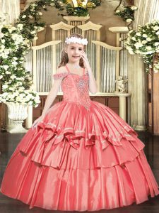 Luxurious Coral Red Off The Shoulder Lace Up Beading and Ruffled Layers Pageant Dresses Sleeveless