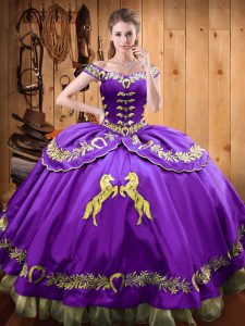 Purple Ball Gowns Beading and Embroidery Sweet 16 Dress Lace Up Satin and Organza Sleeveless Floor Length
