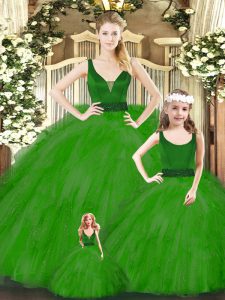 Floor Length Green 15 Quinceanera Dress Organza Sleeveless Beading and Ruffles