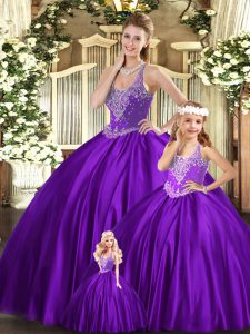 Simple Sleeveless Lace Up Floor Length Beading 15th Birthday Dress