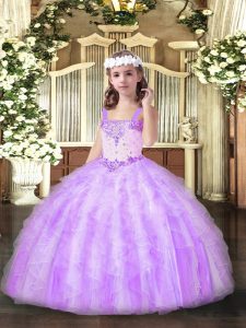 Floor Length Lace Up Little Girls Pageant Gowns Lilac for Party and Quinceanera with Beading and Ruffles