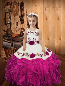 Simple Floor Length Ball Gowns Sleeveless Fuchsia Little Girl Pageant Dress Lace Up