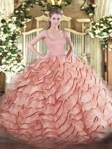 Traditional Rust Red Organza Zipper Straps Sleeveless Quinceanera Gown Brush Train Ruffled Layers
