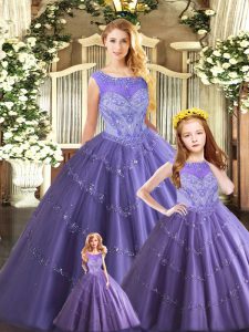 Attractive Lavender Ball Gowns Beading Sweet 16 Dresses Lace Up Tulle Sleeveless Floor Length