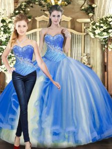 Free and Easy Tulle Sweetheart Sleeveless Lace Up Beading Quince Ball Gowns in Baby Blue
