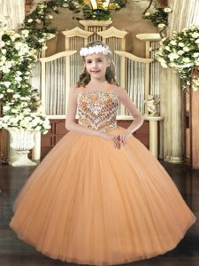 Peach Pageant Dress for Girls Party and Quinceanera with Beading Straps Sleeveless Lace Up