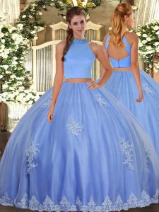 Baby Blue Backless Halter Top Beading and Appliques Vestidos de Quinceanera Tulle Sleeveless