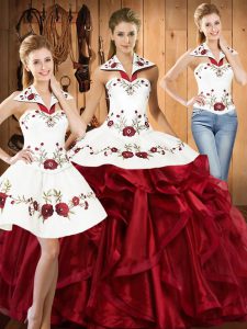 Cheap Wine Red Sweet 16 Dresses Military Ball and Sweet 16 and Quinceanera with Embroidery and Ruffles Halter Top Sleeveless Lace Up