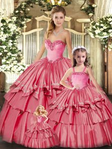 Beautiful Watermelon Red Ball Gowns Ruffled Layers Quince Ball Gowns Lace Up Organza Sleeveless Floor Length