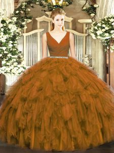 Cute Floor Length Brown Sweet 16 Quinceanera Dress Tulle Sleeveless Beading and Ruffles