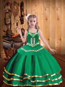 Wonderful Organza Straps Sleeveless Lace Up Embroidery and Ruffled Layers Little Girls Pageant Dress Wholesale in Green
