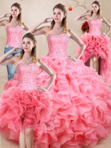 Admirable Baby Pink Ball Gowns Sweetheart Sleeveless Organza Floor Length Lace Up Beading and Ruffles and Ruching Quince Ball Gowns