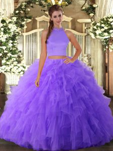 Beautiful Halter Top Sleeveless Quinceanera Gowns Floor Length Beading and Ruffles Lavender Tulle