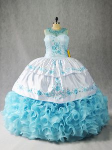 Baby Blue Lace Up Scoop Beading and Embroidery and Ruffles Quinceanera Gown Fabric With Rolling Flowers Sleeveless