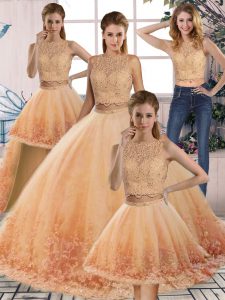 Sleeveless Sweep Train Backless Lace Sweet 16 Quinceanera Dress