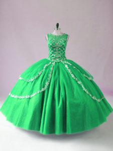 New Arrival Green Tulle Zipper Scoop Sleeveless Floor Length Ball Gown Prom Dress Beading