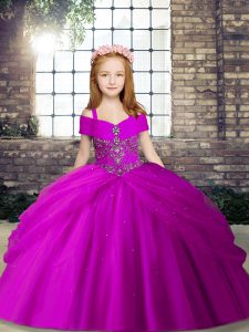Floor Length Fuchsia Pageant Gowns For Girls Sleeveless Lace Up