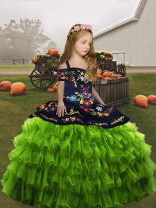 Trendy Olive Green Ball Gowns Organza Straps Sleeveless Embroidery Floor Length Lace Up Little Girls Pageant Gowns