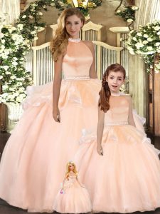 Decent Peach Organza Backless Ball Gown Prom Dress Sleeveless Floor Length Beading