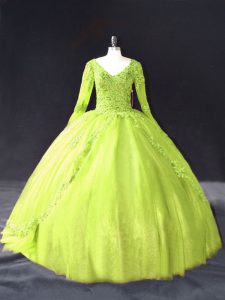 Artistic Yellow Green Lace Up V-neck Lace and Appliques Quinceanera Gown Tulle Long Sleeves