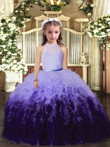 Superior Sleeveless Tulle Floor Length Backless Pageant Dress for Teens in Multi-color with Beading and Ruffles