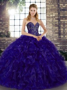 Designer Sleeveless Organza Floor Length Lace Up Quinceanera Gown in Purple with Beading and Ruffles