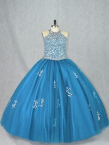 Beading and Appliques Quinceanera Dress Blue Lace Up Sleeveless Floor Length