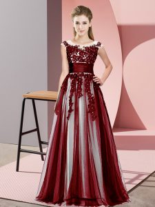 Hot Sale Burgundy Tulle Zipper Scoop Sleeveless Floor Length Quinceanera Court Dresses Beading and Lace