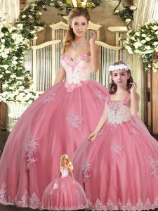 Customized Watermelon Red Ball Gowns Sweetheart Sleeveless Floor Length Lace Up Beading and Appliques Quinceanera Gown