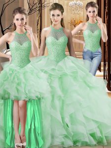 Latest Organza Halter Top Sleeveless Brush Train Lace Up Beading and Ruffles Sweet 16 Dress in Apple Green