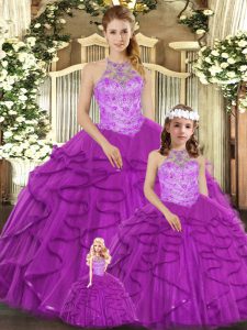 Ball Gowns Quinceanera Gown Purple Halter Top Tulle Sleeveless Floor Length Lace Up