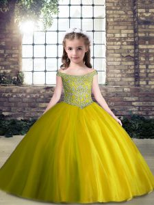 Olive Green Ball Gowns Beading Kids Formal Wear Lace Up Tulle Sleeveless Floor Length