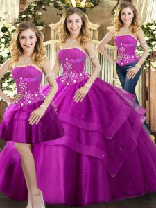 Fashion Fuchsia Sleeveless Tulle Lace Up Quinceanera Gowns for Sweet 16 and Quinceanera