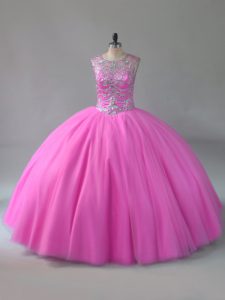 Rose Pink Lace Up 15 Quinceanera Dress Beading Sleeveless Floor Length