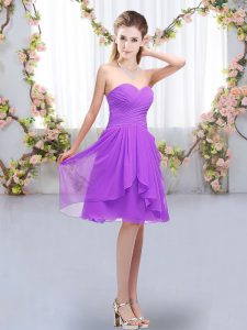 Most Popular Knee Length Lavender Dama Dress for Quinceanera Chiffon Sleeveless Ruffles and Ruching