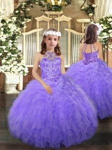 Classical Halter Top Sleeveless Tulle Pageant Gowns For Girls Beading and Ruffles Lace Up