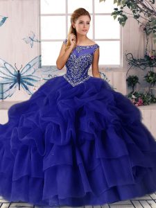 Inexpensive Sleeveless Beading and Pick Ups Zipper Quinceanera Gowns with Purple Brush Train