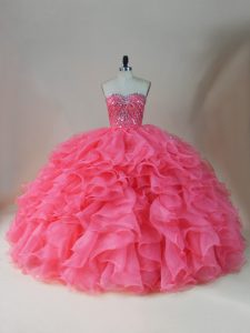 Pink Ball Gowns Organza Sweetheart Sleeveless Beading and Ruffles Floor Length Zipper Sweet 16 Quinceanera Dress