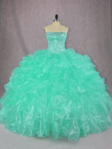 Fancy Turquoise Organza Lace Up Strapless Sleeveless Floor Length Quinceanera Dresses Beading and Ruffles