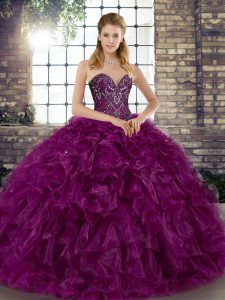 Beautiful Purple Lace Up Sweetheart Beading and Ruffles Ball Gown Prom Dress Organza Sleeveless