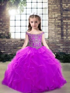 Purple Off The Shoulder Lace Up Beading and Ruffles Custom Made Pageant Dress Sleeveless